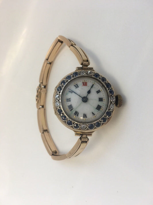 Ladies Vintage Victorian 14K Yellow Gold Diamond Sapphire Watch Adjusting Band