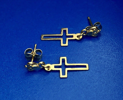 Retro 14K Yellow Gold Cross Cutout Religious Communion Dangle Stud Earrings