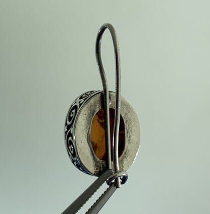 925 Sterling Silver Oval Amber Cabochon Balinese Style Drop Hook Earrings
