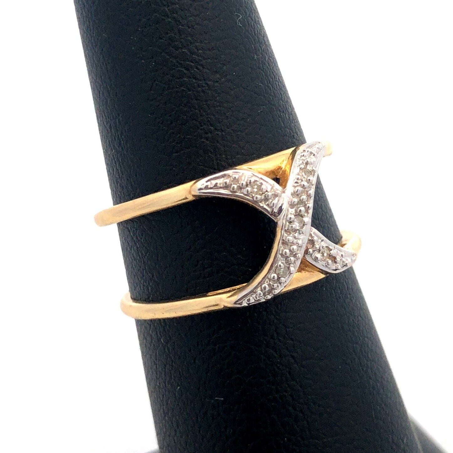 Gorgeous 14k Yellow Gold Round Cut Diamond X Double Band Ring Guard Size 7