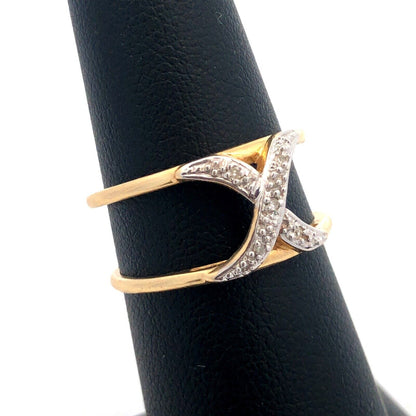 Gorgeous 14k Yellow Gold Round Cut Diamond X Double Band Ring Guard Size 7