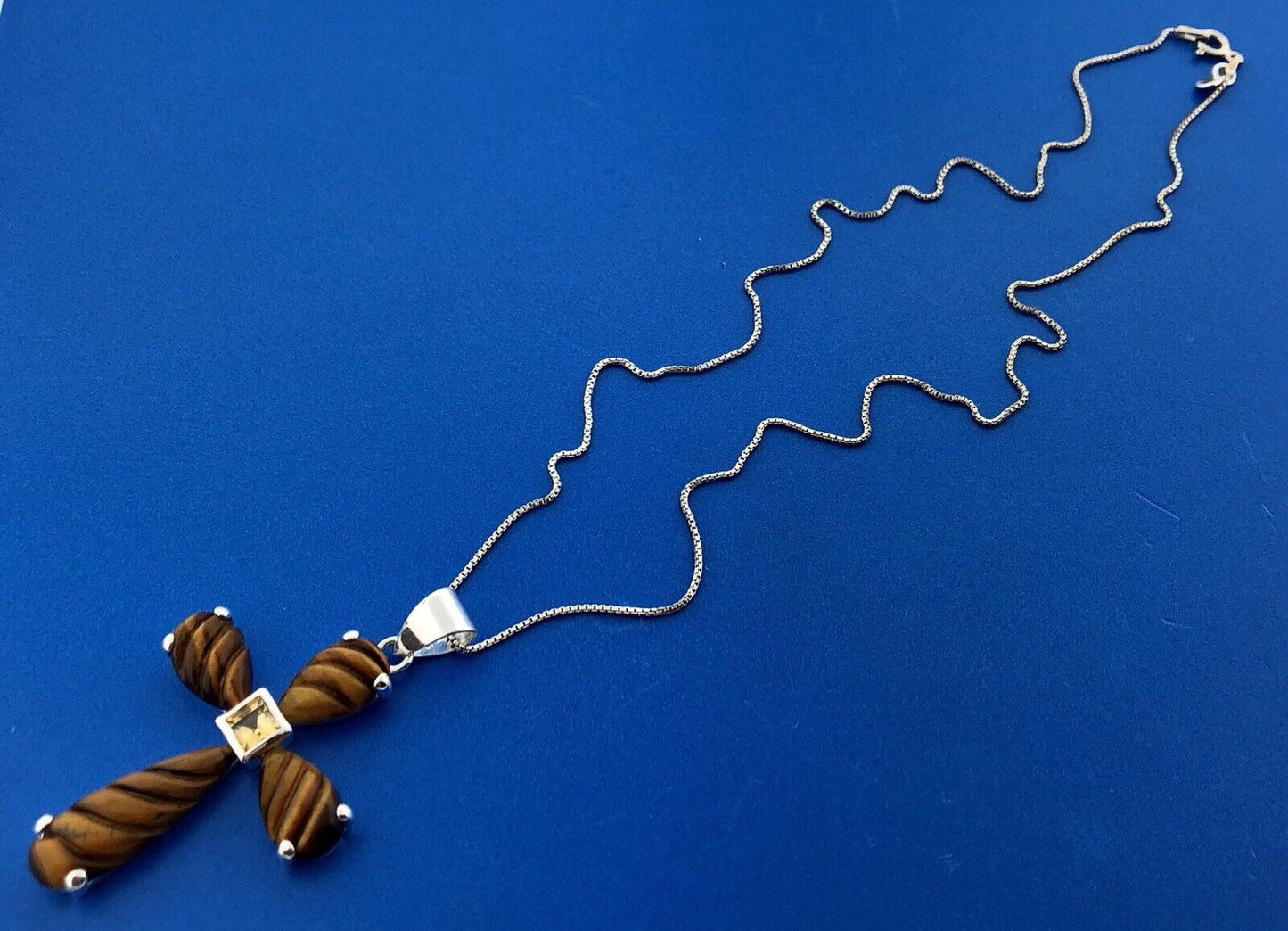 Designer GSJ Sterling Silver 925 Citrine Tigers Eye Cross Statement Necklace