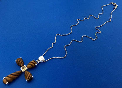 Designer GSJ Sterling Silver 925 Citrine Tigers Eye Cross Statement Necklace