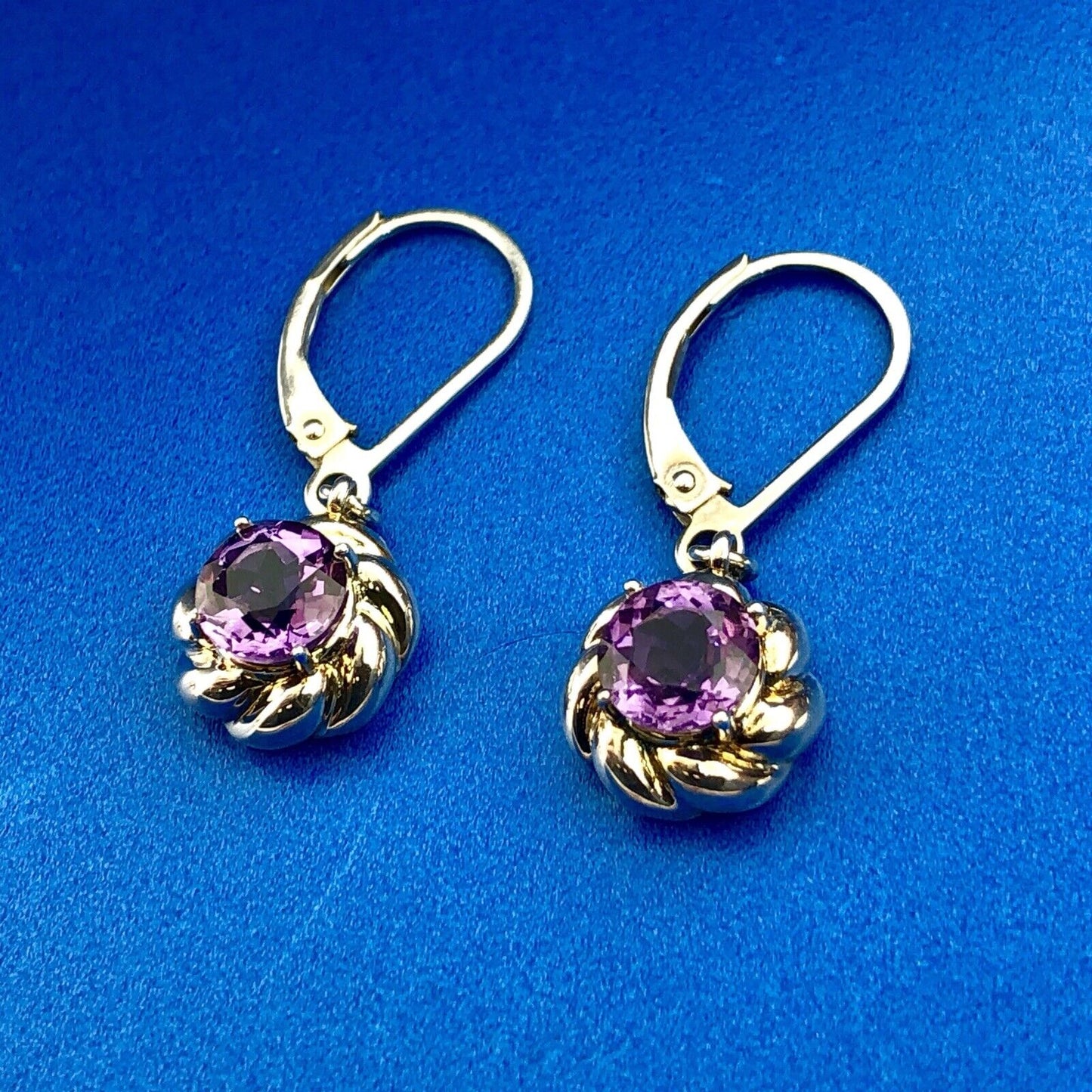 Designer Sterling Silver 925 Amethyst Flower Twist February Dangle Earrings