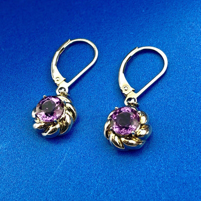 Designer Sterling Silver 925 Amethyst Flower Twist February Dangle Earrings