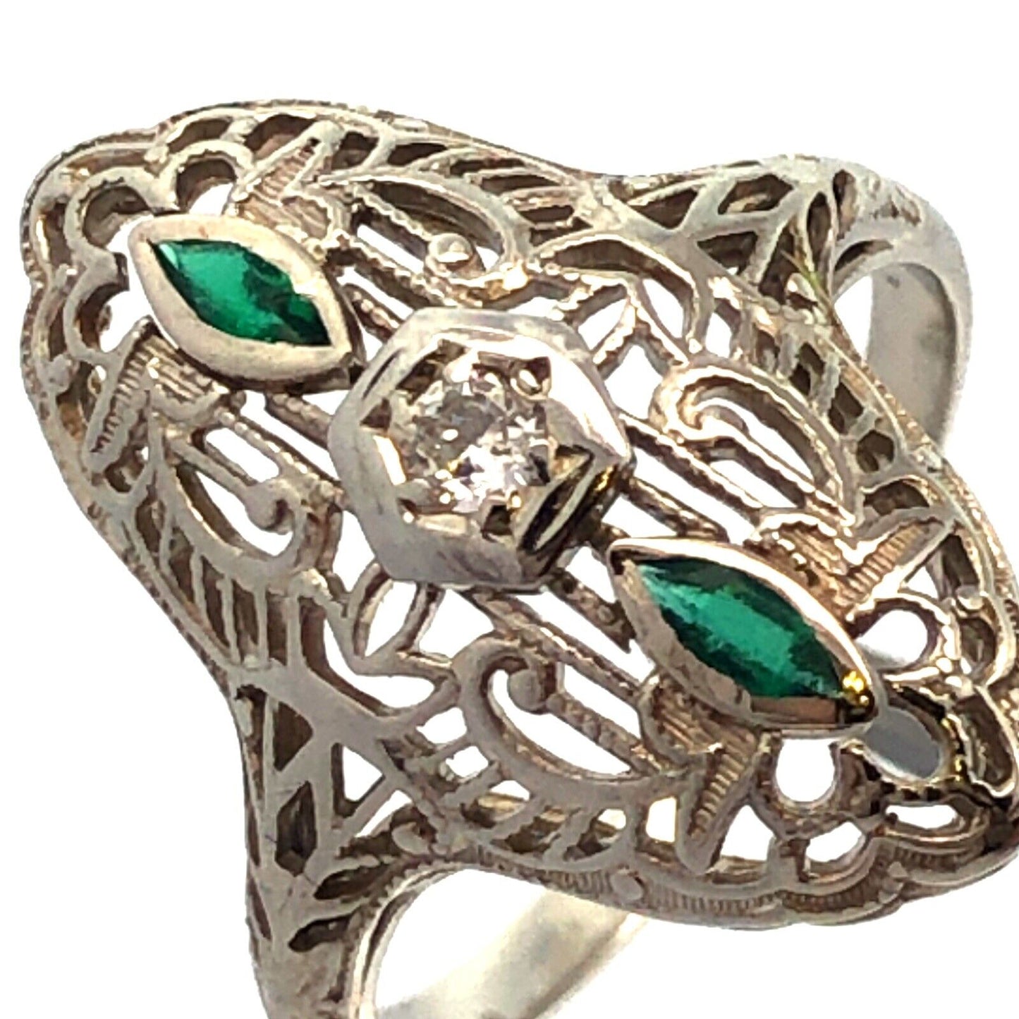 Designer Art Deco 14K White Gold Diamond Emerald Accent Filigree Cocktail Ring