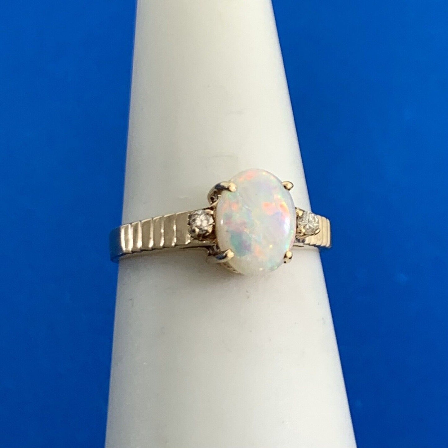 Designer SRB 14K Yellow Gold Oval Opal Diamond Accents Cocktail Ring