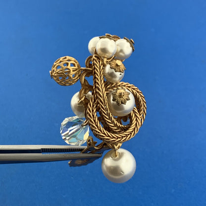 Vintage Gold Tone Faux Pearl Crystal Bead Knotted Rope Statement Clip Earrings