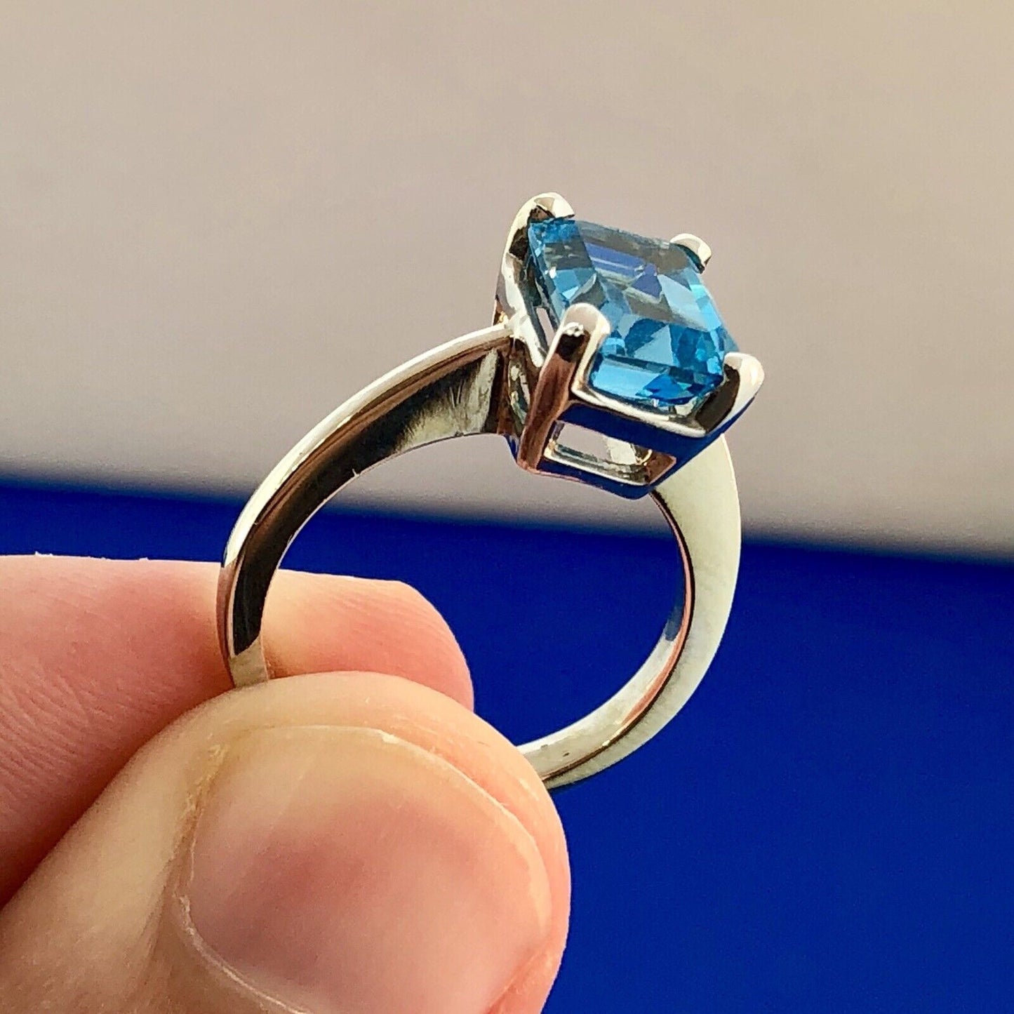 14K White Gold Emerald Cut Blue Topaz Solitaire Statement December Occasion Ring