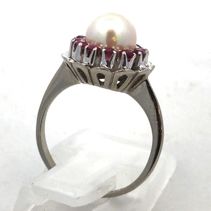 Gorgeous 14k White Gold Floral Round Cut Ruby Halo Pearl Ring SIze 4.25