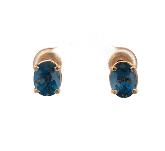 Designer NAOMI 14K Yellow Gold Oval London Blue Topaz Screw Back Stud Earrings