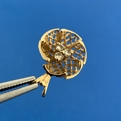 Vintage 14K Yellow Gold Diamond Open Work Basket Weave Flower Petite Pendant