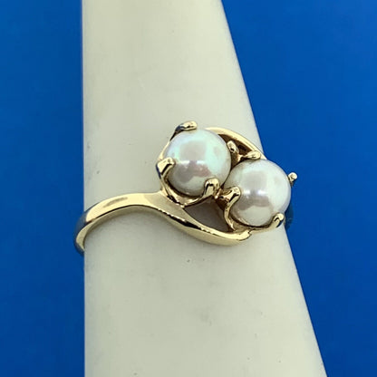 10K Yellow Gold Pearl Duo Bypass Cocktail Ring