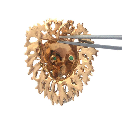 Gorgeous 14k Yellow Gold Emerald Diamond Lion Head Jungle Door Knocker Pendant