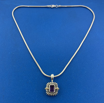 Stunning Sterling Silver 925 18k Trim Purple Amethyst Pendant 16" Chain Necklace