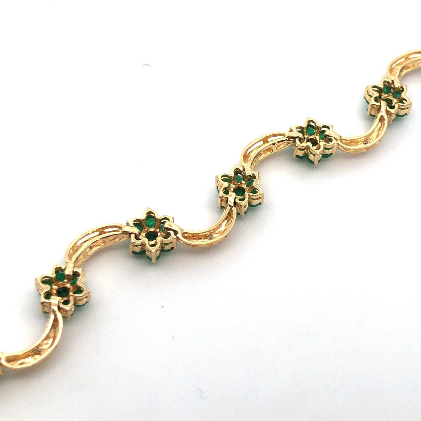 Designer 14K Yellow Gold Emerald Diamond Floral Station Bracelet