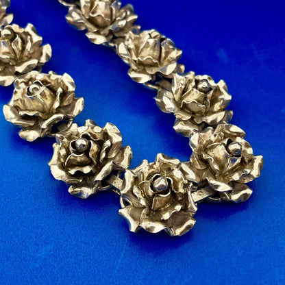 Vintage TB-50 Taxco 980 Fine Silver Rose Floral Statement Panel Bracelet