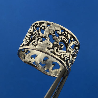 Sterling Silver 925 Abstract Floral Filigree Openwork Cigar Band Ring Size 8.25
