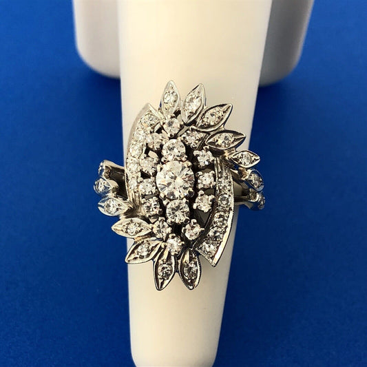 Estate 14K White Gold Diamond Feather Flower Cluster Statement Anniversary Ring