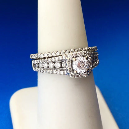 14K White Gold Round Solitaire Diamond Halo Band Accented Bridal Two Ring Set