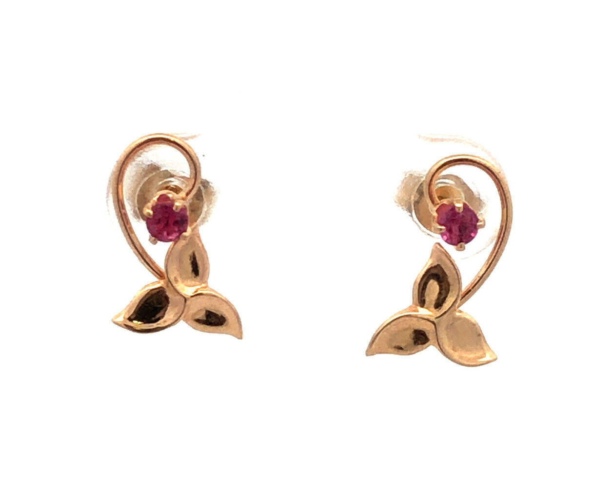 Designer PPC 14K Yellow Gold Ruby Floral Scroll Stud Earrings