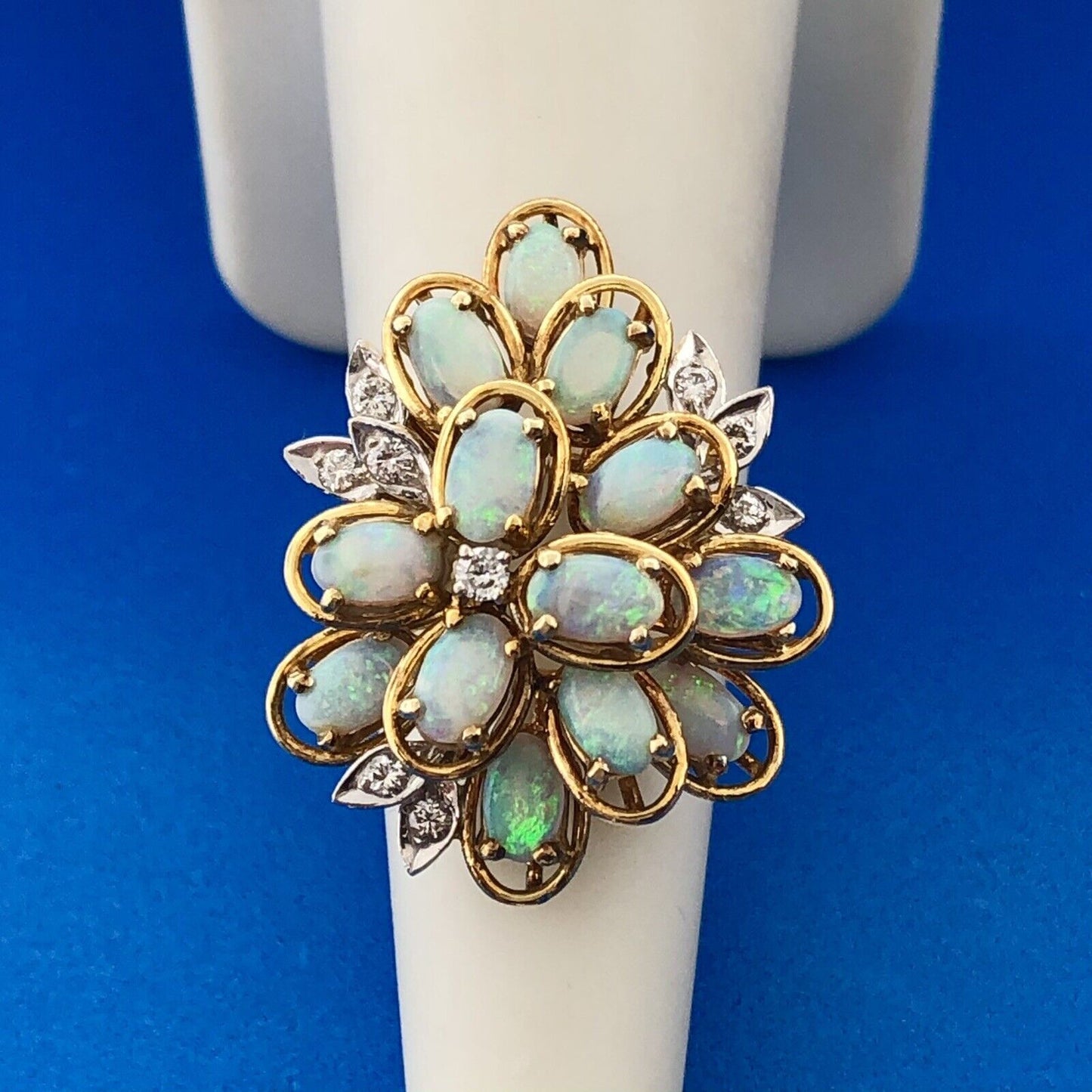 Lovely 14k Yellow Gold Opal Diamond Accent Floral Cluster Freeform Ring