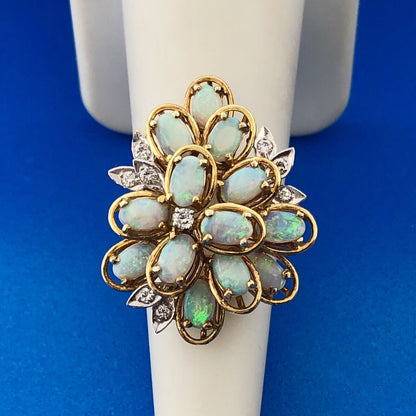 Lovely 14k Yellow Gold Opal Diamond Accent Floral Cluster Freeform Ring