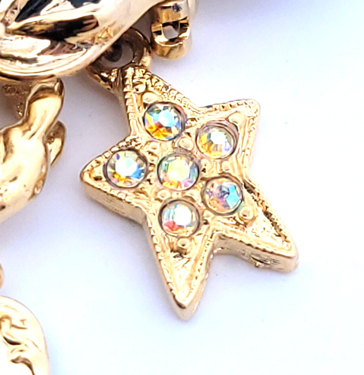 Vintage Kirk's Folly "Mother's Pin" CZ Studded Star/Moon/Cherub Charm Brooch