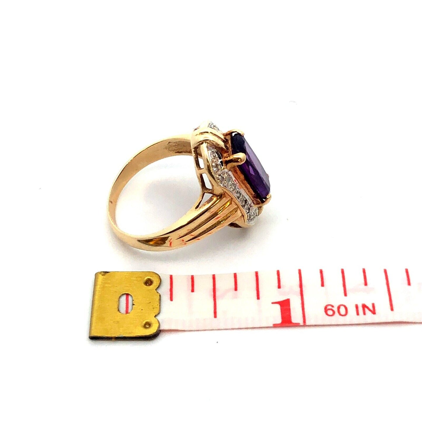 Vintage 14K Yellow Gold Oval Amethyst Diamond Halo Statement Anniversary Ring