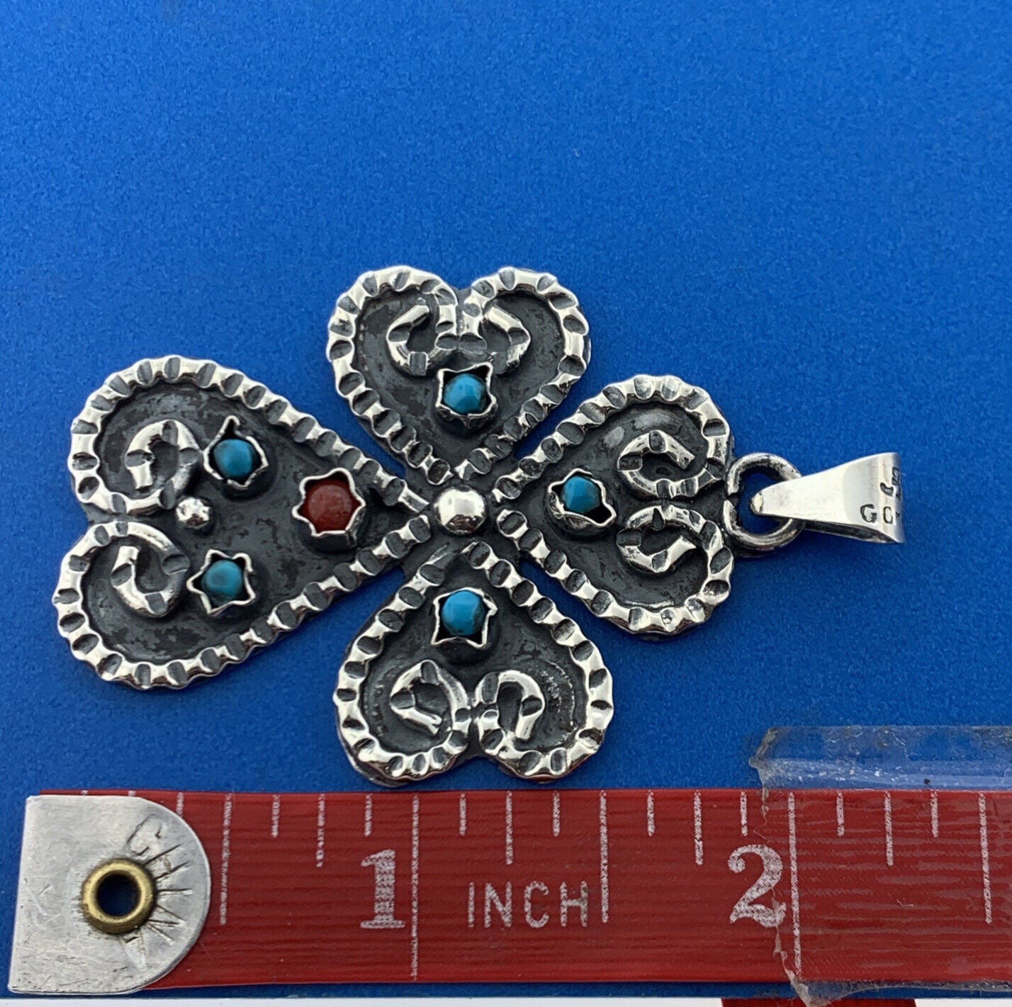 Taxco Mexico Designer Sterling Silver 925 Turquoise Coral Clover Cross Pendant