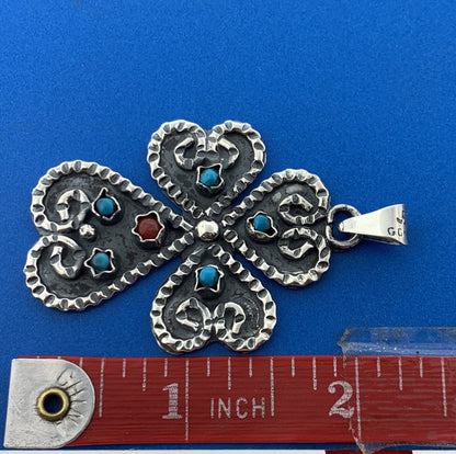 Taxco Mexico Designer Sterling Silver 925 Turquoise Coral Clover Cross Pendant