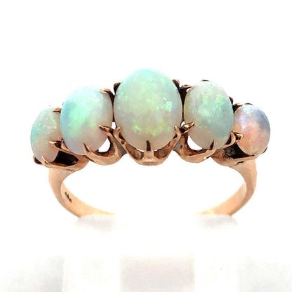 Vintage 10K Yellow Gold Five Oval Opal Cabochon October Anniversary Ring