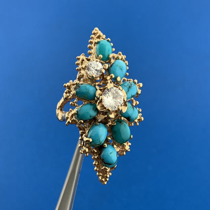 14K Yellow Gold Turquoise White Quartz Cluster Free Form Statement Cocktail Ring