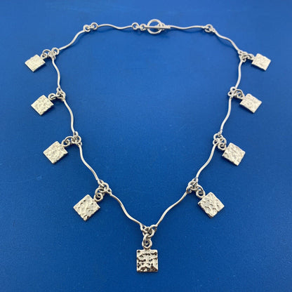 Stunning Mexican Sterling Silver 925 Hammered Square Dangle Charm 17" Necklace