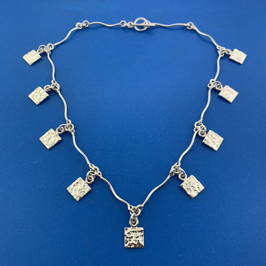 Stunning Mexican Sterling Silver 925 Hammered Square Dangle Charm 17" Necklace