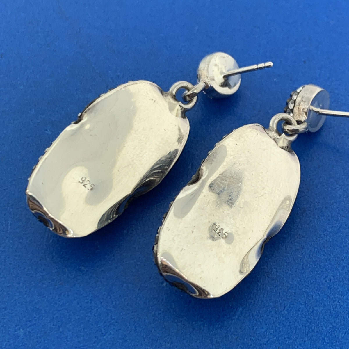 Art Deco 925 Sterling Silver Carnelian Crystal Marcasite Drop Dangle Earrings