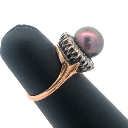 Retro 14k Yellow Gold Bronze Pearl Faceted Champagne Diamond Halo Cocktail Ring