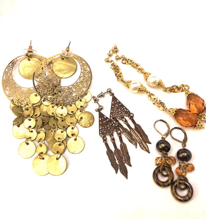 Vintage 1980’s Gold And Copper Tone Faux Pearl Beaded 4 Pair Lot Dangle Earrings
