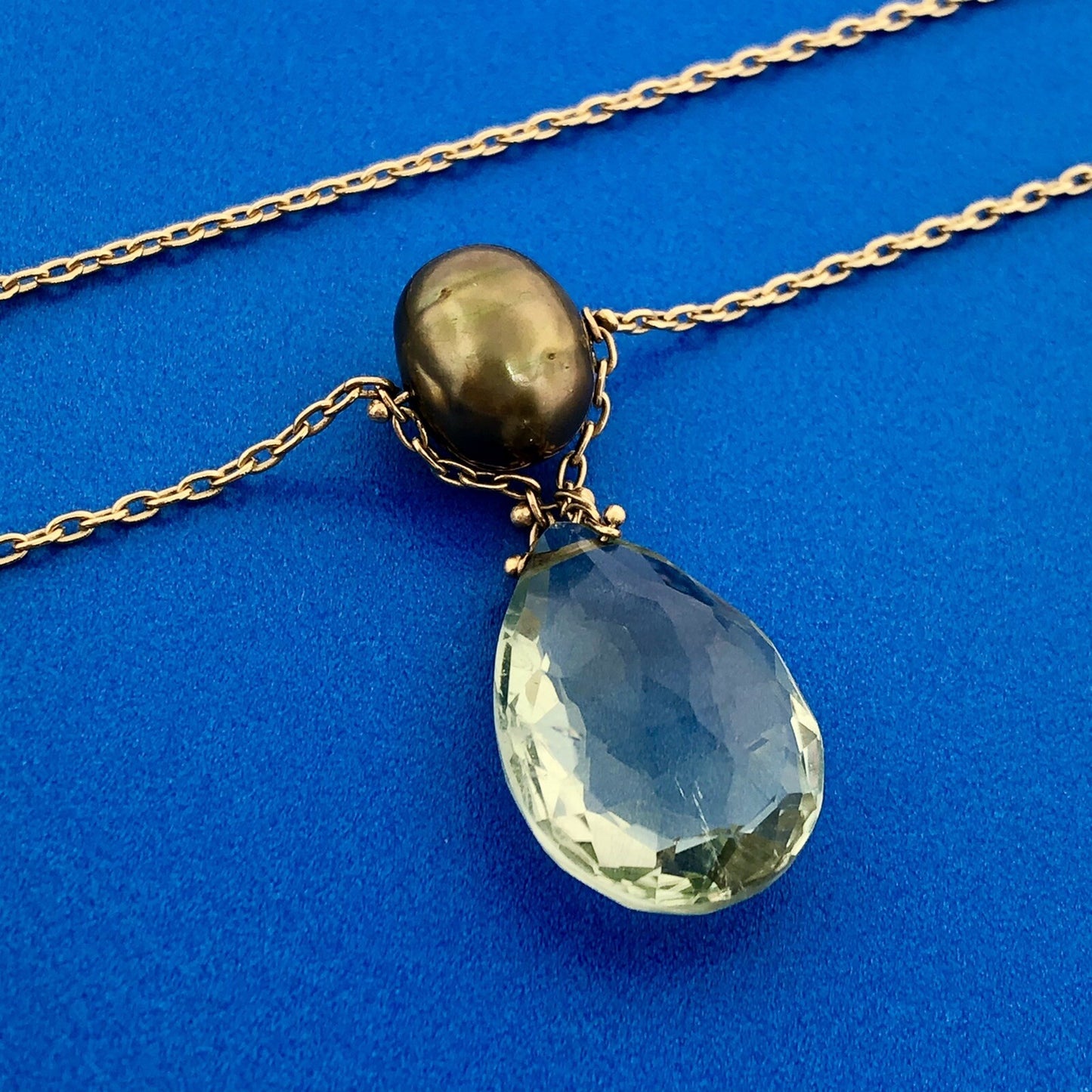 Gorgeous 14k Yellow Gold Teardrop Peridot Green Pearl 18" Oval Link Necklace