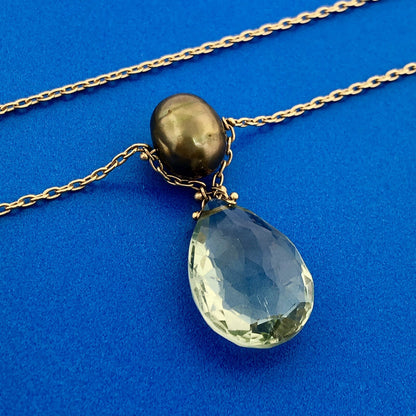 Gorgeous 14k Yellow Gold Teardrop Peridot Green Pearl 18" Oval Link Necklace