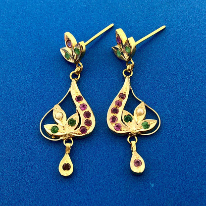 Vintage 10K Yellow Gold Ruby Emerald Pearl Floral Tiered Drop Dangle Earrings