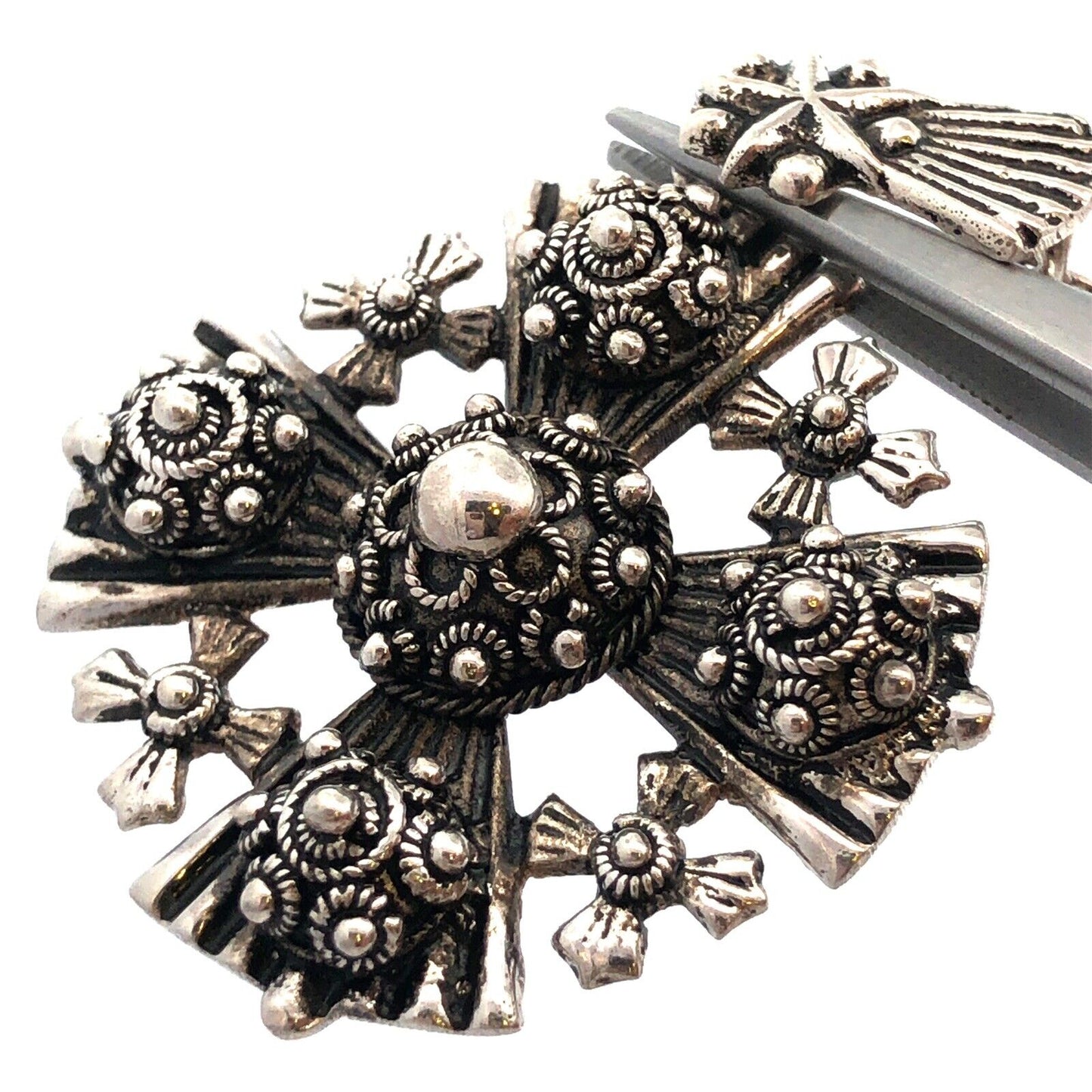 Vintage 925 Sterling Silver Jerusalem Cross Scroll Detail Statement Necklace