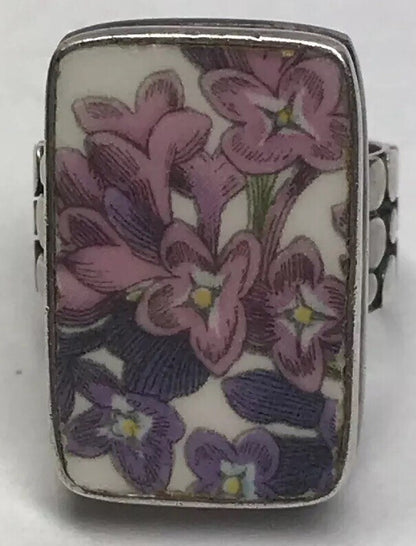 Vintage Sterling Silver 925 Purple Pink Floral Enamel Bead Work Statement Ring