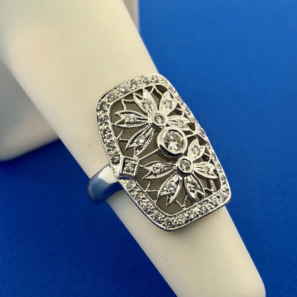 Vintage 18K White Gold Diamond Floral Filigree Statement Finger Ring