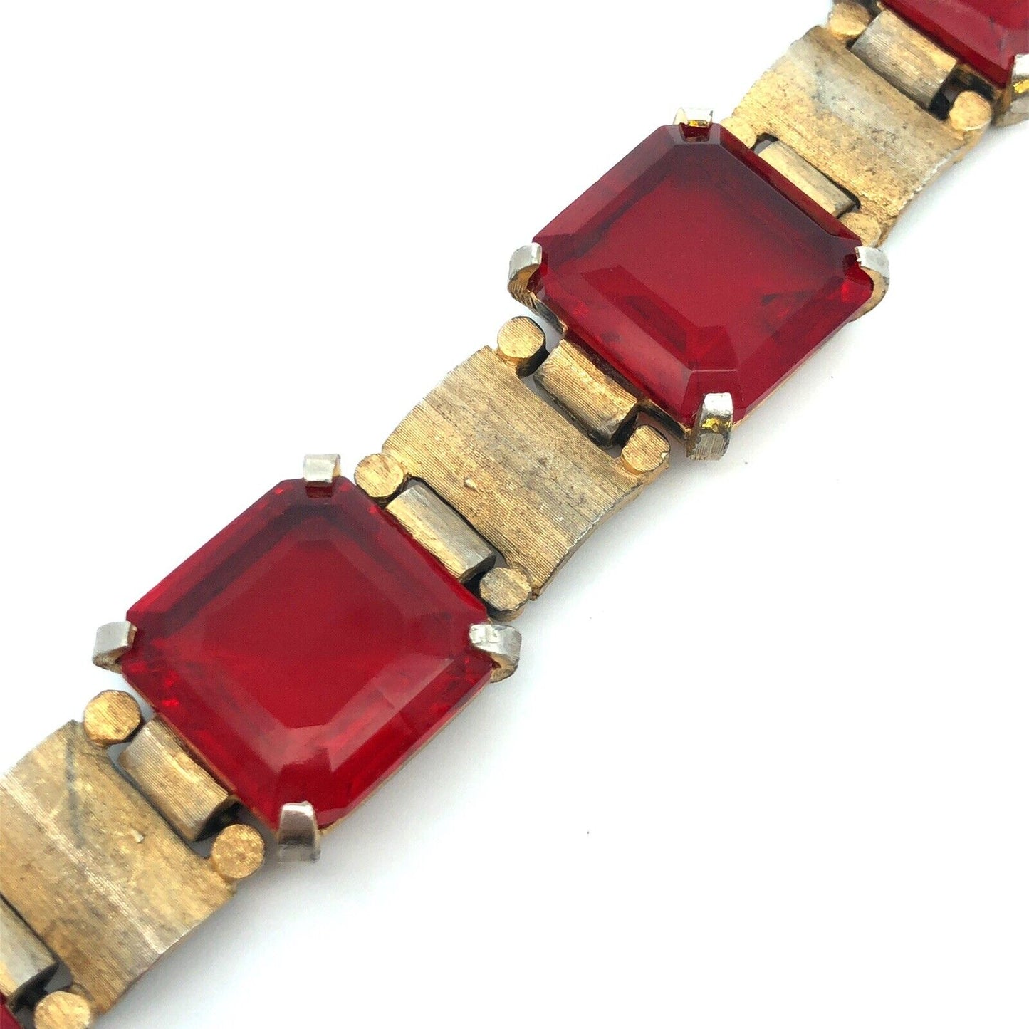 Chunky Funky 70's Runway Couture Gold Tone Square Red Glass Modernist Bracelet