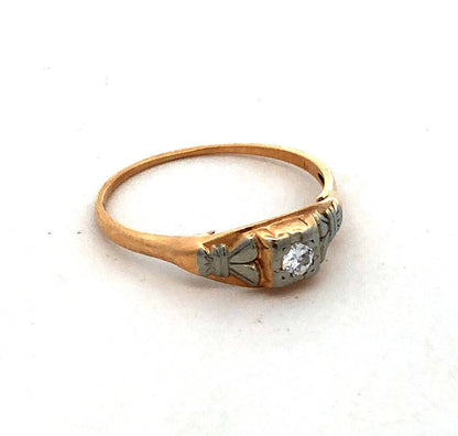 Vintage Designer SH 14K Yellow White Gold Round Diamond Engagement Ring