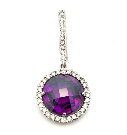 Designer 925 Sterling Silver Purple Cushion Cut CZ Round White CZ Halo Pendant