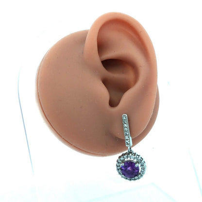 Designer Sterling Silver Round Purple Cubic Zirconia CZ Halo Dangle Earrings