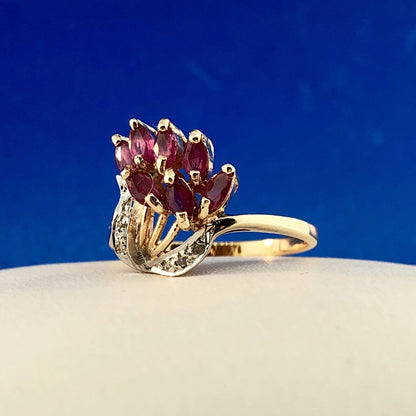 Vintage Designer THL 10K Yellow Gold Pink Spinel Diamond Cluster Cocktail Ring