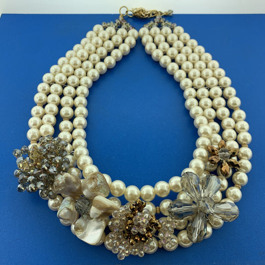 Vtg Artisan Gold Tone Abalone Faux Pearl Crystal Bead Statement Collar Necklace